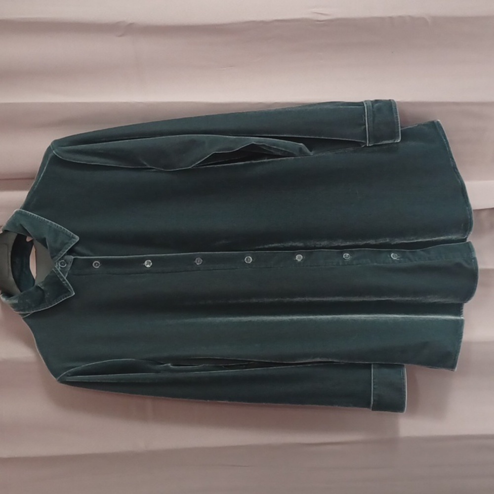 Soft Surroundings Velour Button Up Top, Long Sleeve, Collar, Dark Teal, Soft